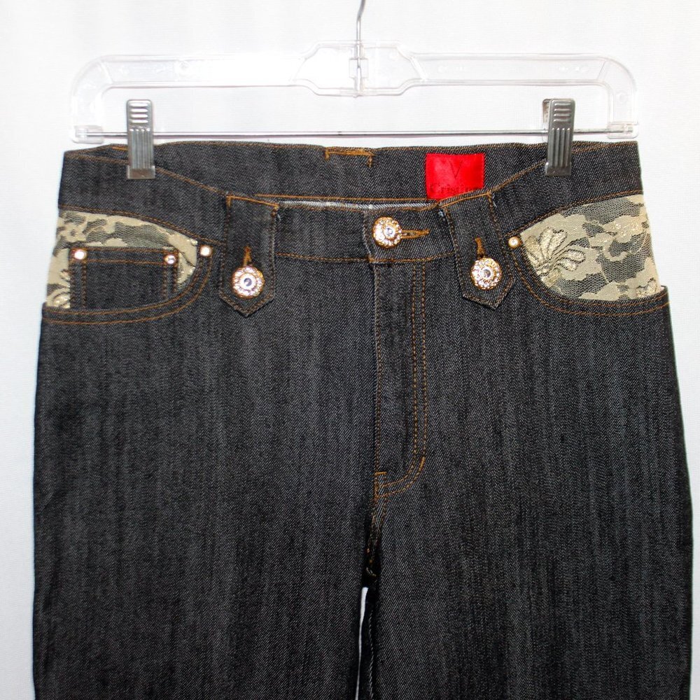 V Cristina Black Jeans with Lace and Rhinestone Button Accents - Picture 2 of 12